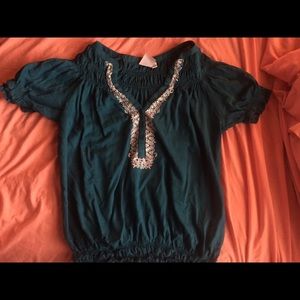 Teal crop top w/ Aztec embroidery