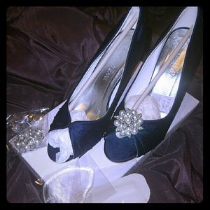 Navy blue satin wedges