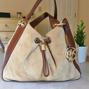 Tan suede Michael Kors drawstring bag