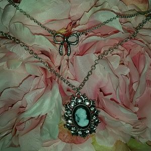 Long Double Chain Cameo Style & Bow Necklace