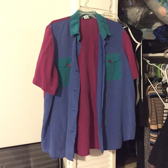 Vintage 100%silk color block button down shirt