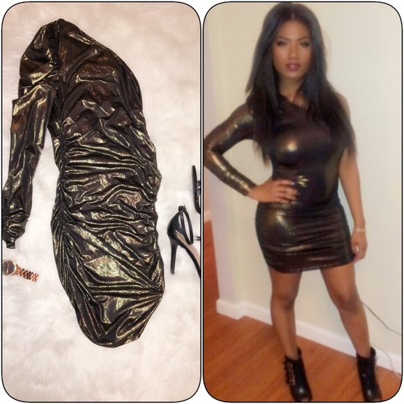 One sleeve metallic bronze party dress