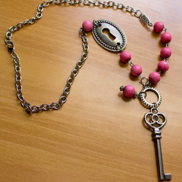 Silver and Pink Beaded Lock and Key Necklace