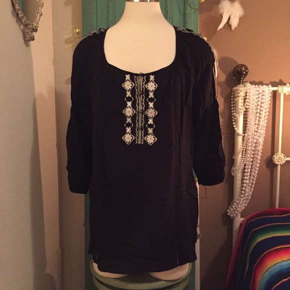 Black Boho Peasant Blouse w/Embroidery