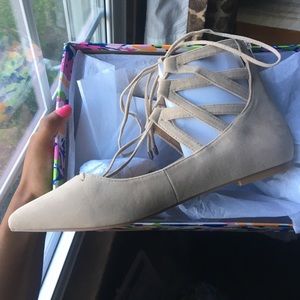 Brand new taupe suede lace up flats