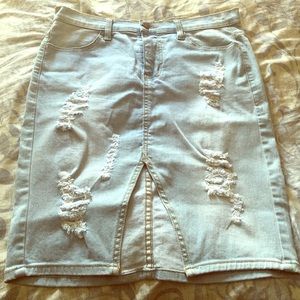 High-waisted distressed denim skirt, size Large