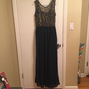 Navy and gold chiffon long dress