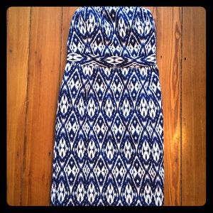 Blue and white strapless dress