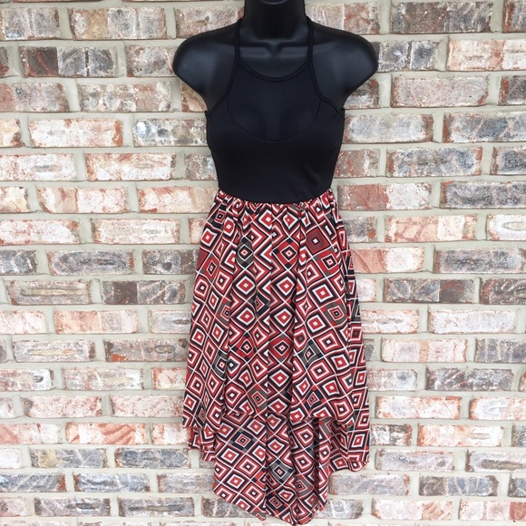 Red Hi Lo Dress with Sheer Detail - Picture 3 of 4