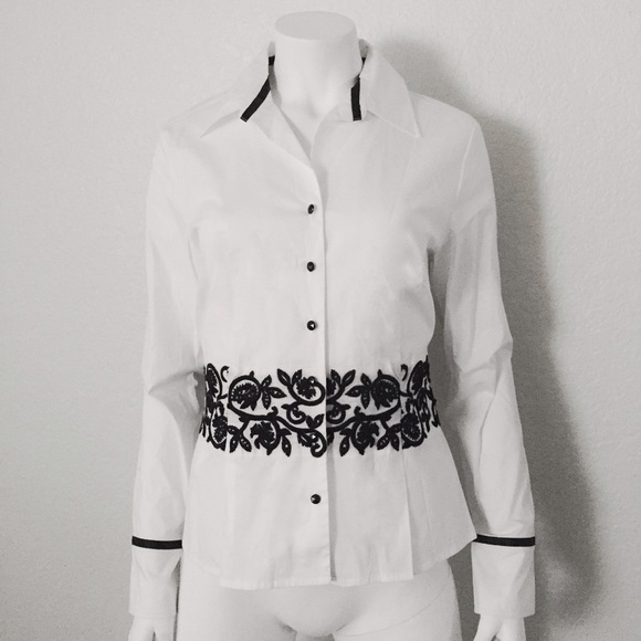 White Collar Button Down Top and Black Embroidery