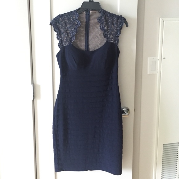 Beautiful Xscape Navy Dress with Lace Cap Sleeve