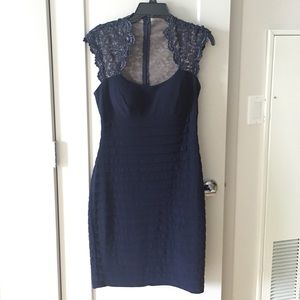 Beautiful Xscape Navy Dress with Lace Cap Sleeve