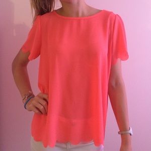 Neon coral scalloped shirt with open back