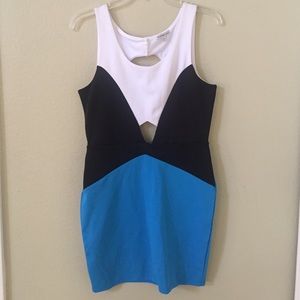 Black, White, and Blue Cutout BodyCon Dress