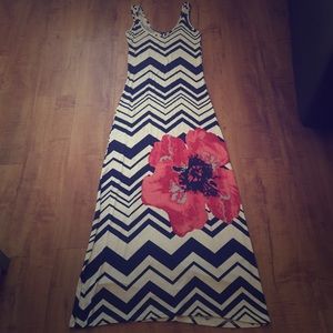 Navy & Blue ZigZag Maxi Dress With Flower Detail