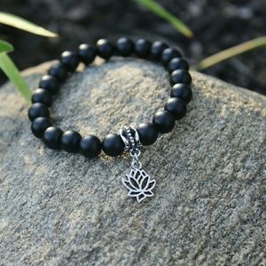 Matte black lotus charm bracelet