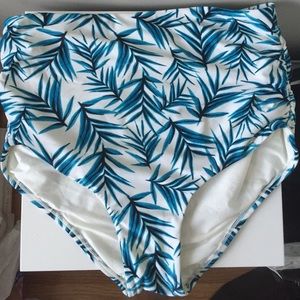 Blue palm leaf print high waist bikini bottoms