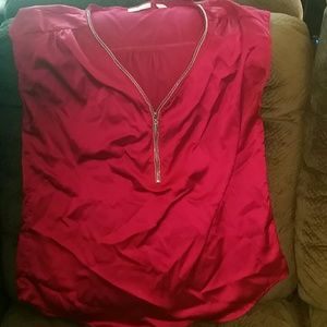 NY & Co Berry Satiny Zip Collar Sleeveless Blouse