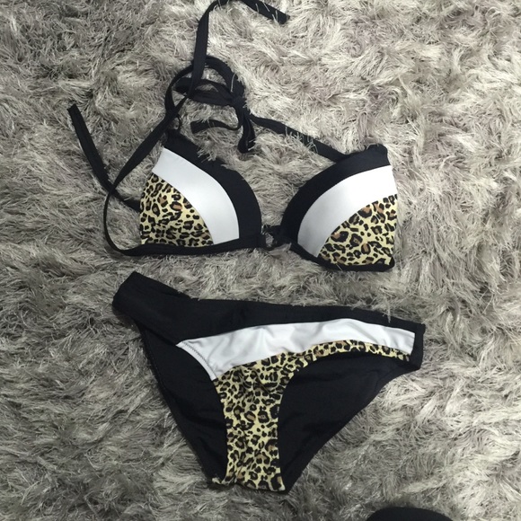 Black white and leopard print bikini