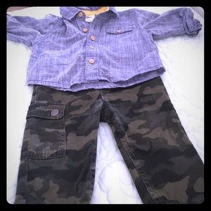 Baby boy camo pant and Jean style shirt.