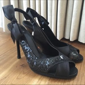 Bakers, 3" satin/sequin sling back + bow detail