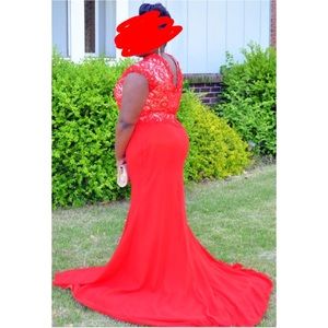 Long Red Lace Chiffon Slit Prom Dress