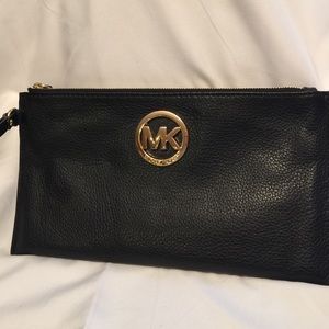 Michael Kors Large Black Leather  Zip Clutch