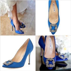 Manila Blahnik Hangisi blue satin jeweled heel 37