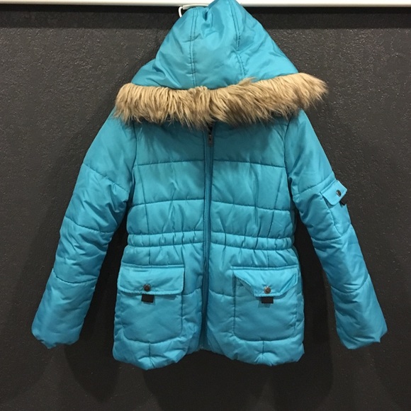 Girls size 12 blue snow jacket with removal hood