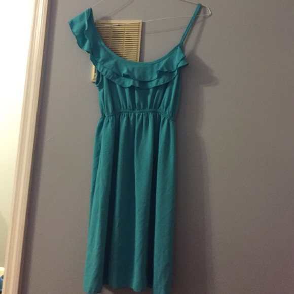 teal ruffle sleeve dress