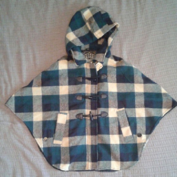 Hooded Blue Green Plaid Wool Blend Cape