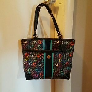 Blue Patterned Vinyl Coach Tote Bag