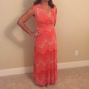 Coral and Cream Color Tropical Print Maxi Dress
