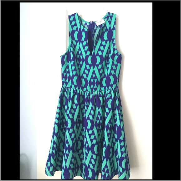Everly green/blue tribal print fit/flare dress, S