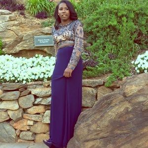 Long sleeve Navy blue prom dress with beaded top