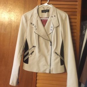 Cream and Black  Faux Leather Jacket, NEVER WORN