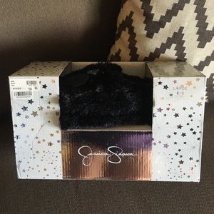 New in box black fuzzy slippers w/ gold detailing
