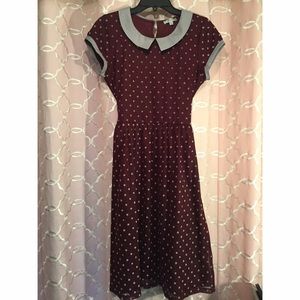 Burgundy dress with gray polka dots and collar