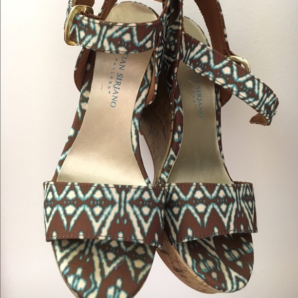 Brown and blue strappy wedges - Picture 1 of 2