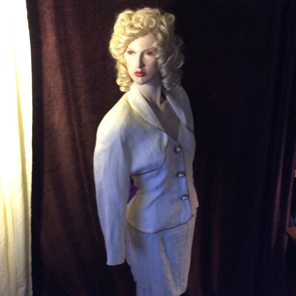 100% linen white suit trimmed in gold