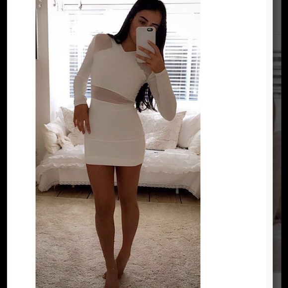 Mesh Insert Bodycon Dress celeb Style White