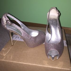 Guess silver glitter peep-toe pumps
