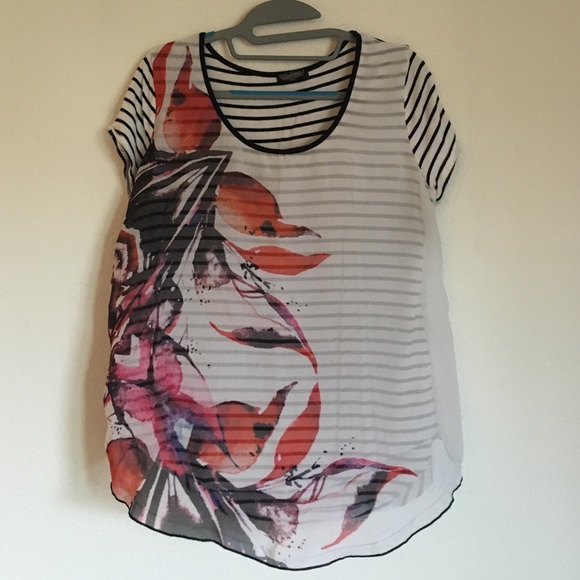Nordstrom striped/floral/sheer modern+minimal top