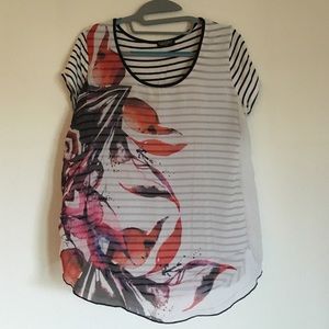 Nordstrom striped/floral/sheer modern+minimal top