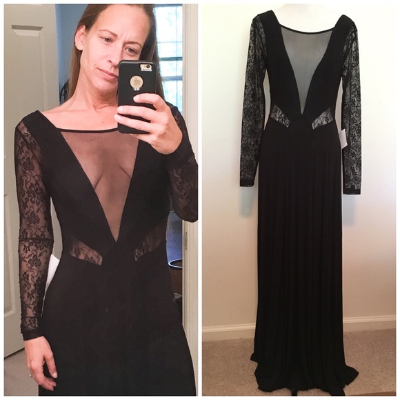 black long sleeve plunge maxi dress