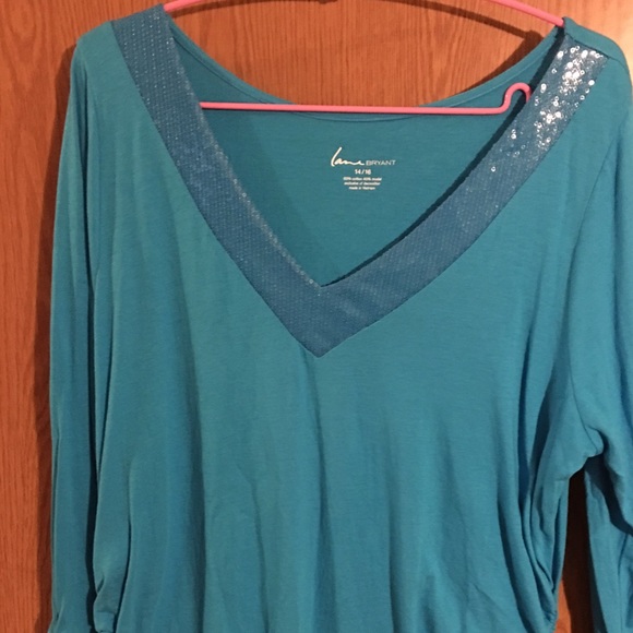 Turquoise cotton top with sequin neckline