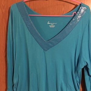 Turquoise cotton top with sequin neckline