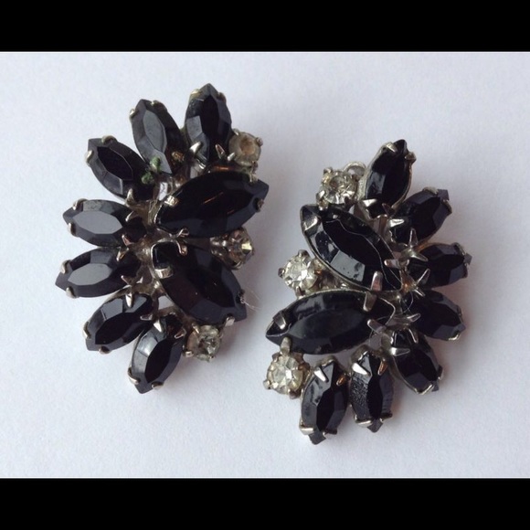 Weiss signed black/ clear rhinestone clip earrings