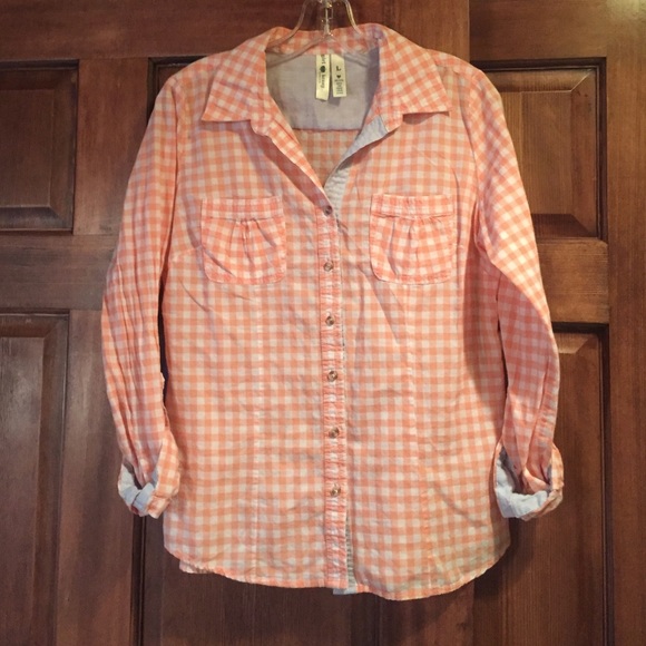 Coral and white plaid long sleeve - Picture 1 of 2