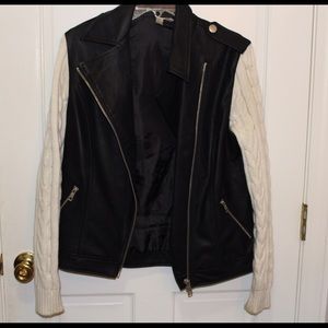 Leather Jacket with Cable Knit Sleeves